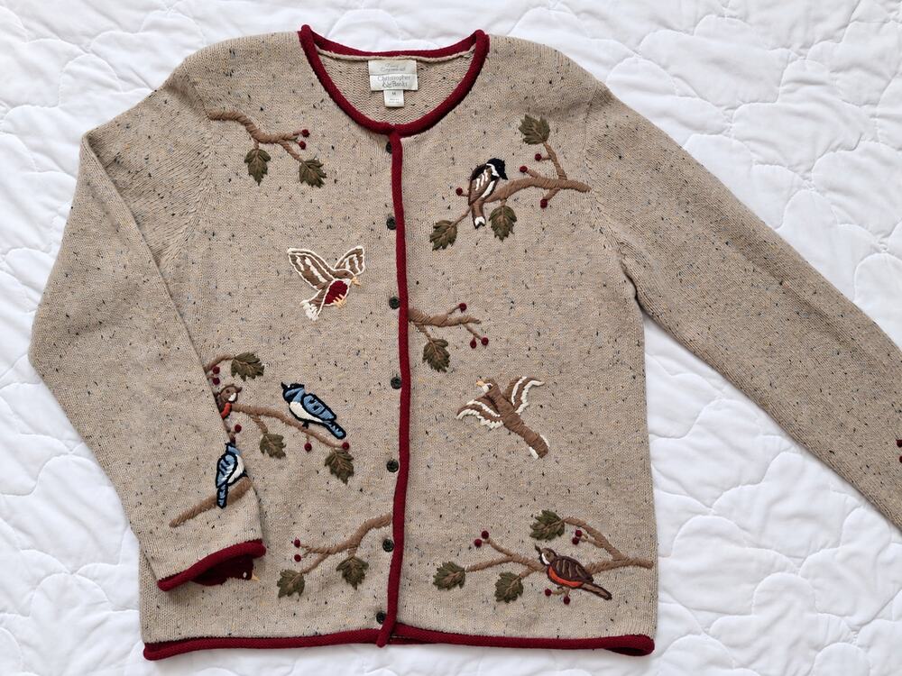 Vintage 2003 Christopher & Banks Embroidered Bird Cardigan Y2K Cottagecore Med